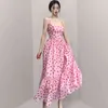 Mode sexy roze polka dot zomer maxi jurk vrouwen zoete schattige spaghetti riem lange camisole jurken vestidos vrouwelijke chic 210506