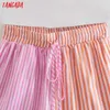 Tangada Kadınlar Vintage Pembe Çizgili Şort Strethy Bel Cepler Kadın Retro Rahat Pantalones QJ157 210724