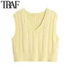 TRAF Femmes Sweet Fashion Cropped Cable-Tricot Pull Vintage Col V Sans manches Femme Gilet Chic Tops 210415