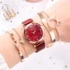 Mode 5st Smycken Kvinnor Klockor Lyxmagnet Buckle Flower Rhinestone Watch Ladies Quartz Armbandsur Armband Set Reloj Mujer Hand Catenary