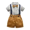 Klädsuppsättningar Baby Boy Set Spädbarn Gentleman Första födelsedag Kortärmad tröja + Suspender Shorts Outfits Födda kläder 2st