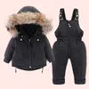 Inverno bebê garoto jaquetas branco pato para baixo meninos casaco grosso + macacão terno grande colar de pele com capuz jaqueta com capuz criança criança snowsuit h0909