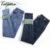 Tataria Dames Winter Warme Jeans voor Hoge Taille Losse Boyfriend Vintage Rechte Fluwelen Harembroek 210514