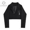 Black Gothic Punk Crop Blazer Coat Streetwear V Neck Slim Sexy Cardigan Jacket With Brooch Female Vintage Fashion Outerwear 210515