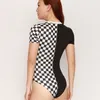 CheckerBoard bodysuit mulheres verão primavera skinny sexy manga curta plus size vintage streetwear 210513