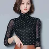camicia di pizzo con stampa scozzese a collo alto stile coreano moda Slim filato netto sexy plus size camicetta da donna top blusas 820C 30 210506
