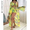 Sexig 3 stycke set bikini strap crop topp + shorts + lång täcker upp kvinnor sommar blommig print chiffong bad kostym strand baddräkt 210629