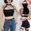 Dames Harajuku Gothic Punk Choker Halter Crop Top Metalen Gesp Backcamisole Garters Shorts Bodycon Drreetwear X0507