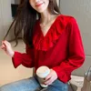 GÜZ Moda Kadınsı V Yaka Şifon Gömlek Kadınlar Uzun Kollu Fırfır Bluzlar Off Fice Bayanlar Tops 5685 50 210417