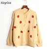 Strawberry Embroidery Sweater Women Autumn Retro Loose Femme Coat Pearl Buttons Sweet Cute Knitted Cardigan 210422