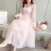 Elegant Lace Long Sleeve Dress Sweet Fairy Women Mesh Midi Korean Lady Birthday Party Clothing Spring 210604