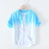 100% Saf Keten Yaz Degrade Gömlek Erkekler için Kısa Kollu Tops Erkek Rahat Standı Yaka Japon Moda Tasarımcı Gömlek 210601