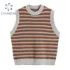 Pullover Crewneck Knitted Vest Striped Vintage Casual E-Girl Aesthetic Waistcoat Female Y2K Ins Sleeveless Sweater Tops 210515