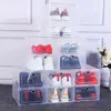 Drop Front Shoe Box Set med 6 Fällbara stapelbara plastlager och arrangörsbehållare med lock för visning Kvinnor / Mänskor