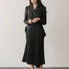 Wiosna Długą rękaw Sukienka Kobiety Elegancka Korea Elastyczna Talia Koronka Z Plised Bog Hem Blazer Dresses 4 Kolor QV209 210510