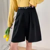 Seoulish Summer Women's Shorts With Belted Solid High Waist Office Wide Leg Elegant Lila Loose Byxor Ficka 210719