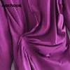 Fashion Purple Pleated Shirt Women Office Wear Turn Down Collar Mini Dress Ladies Long Sleeve Chic Dresses 210413