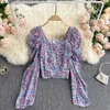 Chiffon Blouse Vrouwen Sweet Floral Print Long Puff Sleeve Boho Strand Blouses Shirt Square Collar Geplooide Rek Back Chic Top 210603