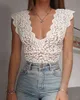 Spring Summer Women Lace Floral Sleeveless Bodysuit Solid V-Neck White Sexy Body Top Patchwork Jumpsuit Femme New 210415