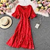 Korean Red Elegant Sexy Dress Women Summer Beach V-neck Polka Dot Midi Fishtail Waist Split Vestidos Clothes 210420