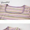 Yitimuceng Striped T Shirts Woman Puff Sleeve Square Collar Tees Straight Tops Summer Fashion Simple Style Tshirts 210601