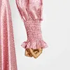 女性のためのエレガントなチュニックピンクのドレスvネックパフ長袖ハイウエストの不規則な裾のマキシドレス女性210520