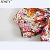 ZEVITY Kadınlar Tatlı V Boyun Çiçek Baskı Kısa Smock Bluz Femme Fener Kollu Geri Elastik Ince Roupas Chic Lace Up Tops LS9082 210603