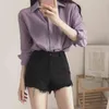 ミニマリストの穏やかな紫色のシャツの女性ラペルシングルブレスト薄いトップ春夏韓国フルスリーブプラスサイズのブラウス女性210412