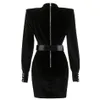 Free Chic Women's Velvet Dress Sexy Stand Collar Long Sleeve Belt Bodycon Hollow Mini Club Party es 210524