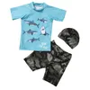 Cartoon Boys Swimsuit 3-pieces Short Sleeve Rash Guard Upf50+ Uv Protective Bathing Suit Children Swimwear with Swim Cap Trunks