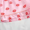 Fashion Summer Pijamas Women Set 2 Pieces Short Pajamas for Girls Pink Lips Print Sleepwear Lounge Wear Satin Silk Pjs Home Wear 210928