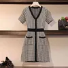 Summer Single-Breasted Houndstooth Retro Knitted Dress Women Sexy Short Sleeve Casual Mini Knitting Robe Femme 210514