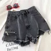 Verão Mulheres Cintura Alta Black Blue Trendy Relaxado Lazer Zipper Bolso Burr Burr Denim Shorts 210430