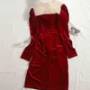 秋冬のためのステッチネット糸ビーズカラーコントラストドレス2021新しいスリムパフスリーブベルベットバッグヒップドレスエレガントな女性Y1204