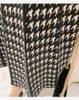 Women Autumn And Winter Vintage Elegant Houndstooth Print Knitted Patchwork Dresses Long Sleeve Belt Vestidos 210520