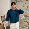 IEFB Heren Zomer Blauw Pullover Satijn O-Collar T-shirts Design Jacquard Casual Mannelijke Kleren Koreaanse Streetwear Kwart Mouw Tee 210524