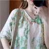 Arrival Summer Arts Style Women Short Sleeve Loose V-neck T-shirt Vintage Print Cotton Linen Casual Tee Shirt Femme Tops M42 210512