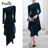 Designer Style Dark Green One Shoulder Slanke Asymmetrische Lange Mouw Partij Midi Jurk Fluwelen Bodycon Sexy Jurken Robe ZA 210421