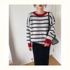 Suéter das Mulheres Qingwen Striped Sweater Mulheres Casual Pullover solto O-pescoço All-Match Top Jumper Jumper Queda de Manga Longa Malha Pull Femme