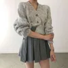 Korea Chic Ankomst Höst och vinter Retro Två-knapp Hemp Pattern Cardigan Sweater GX1312 210507