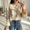 Moda Ruffles Vintage Beyaz Bluz Kadın V Yaka Dantel Zarif Flare Kollu Pamuk Gömlek Blusas 11271 210512