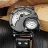 Oulm 9591 Mężczyzna kwarcowy Top Marka Luksusowy Skórzany Pasek Sport Wristwatch Dwie strefę Unikalna Design Duże męskie zegarki G1022