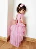 Yoliyolei Tiered Layers Tulle Dress Girl Gown Pearls Necklace V Back Design Holidays Wedding Clothes for Children Casual Q0716