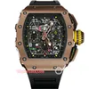 Top Quality Watches Classic 50mm x 44mm NTPT Carbon Fiber Skeleton waterproof Rubber Transparent Mechanical Automatic Mens Watch M261Y