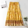 Bohemen Geel Floral Print Lange Rok Gypsy Women Stitching Geplooid Vetersluiting Up Stream Taille Maxi Lengte Rokken Boho Holiday 210429