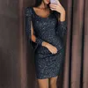 Sexy femmes robe paillettes paillettes étincelle col en V profond gland manches longues court Mini soirée soirée Wrap hanche paquet robe