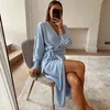 Cotton Long Women Knitted Wrap Dress Autumn Winter Oversize Elegant Day Dress Sexy V Neck Knitwear Robe dress Ladies Clothes 210415