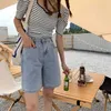 AilegoGo Lente Zomer Hoge Taille Retro Blue Denim Shorts Streetwear Vrouwelijke Wide Pen Losse Button Dames Jeans Shorts 210611