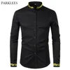 Noir or broderie Chemise hommes printemps hommes chemises habillées col montant boutonné Chemise Homme Camisa Masculina 210626