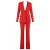 Winter Women's Clothing Set Sexy Red Long Sleeve Blazer Coats Office Lady Two Pieces Boot Cut Pant Suits 210527